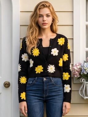Forever 21 Black With Yellow Flowers Crop New Cardigan Sweater Size M